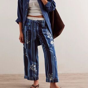 Free People Blue Striped Floral Embroidered Pants
